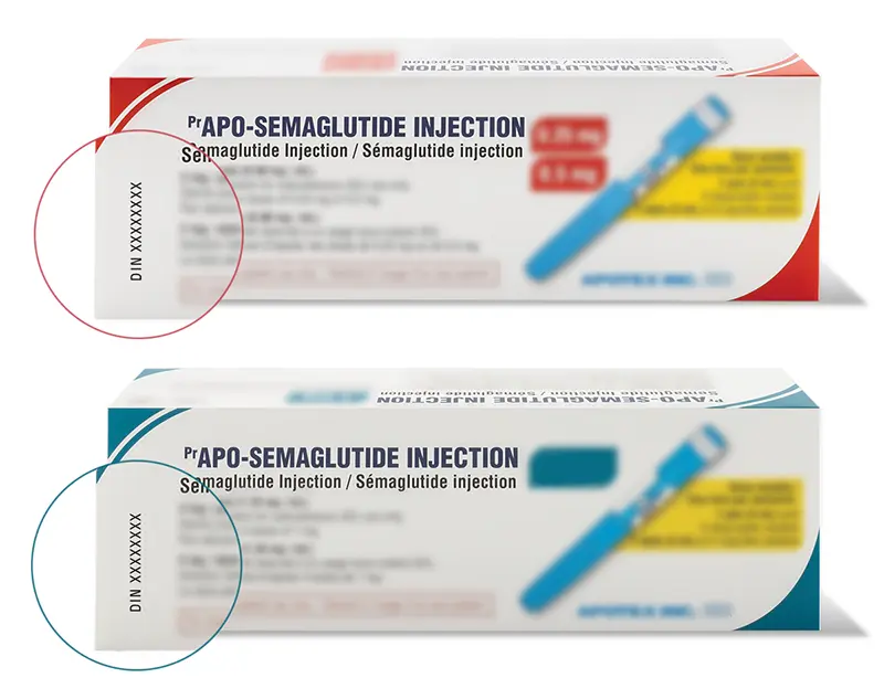 Example of where to find the DIN on the package and pen